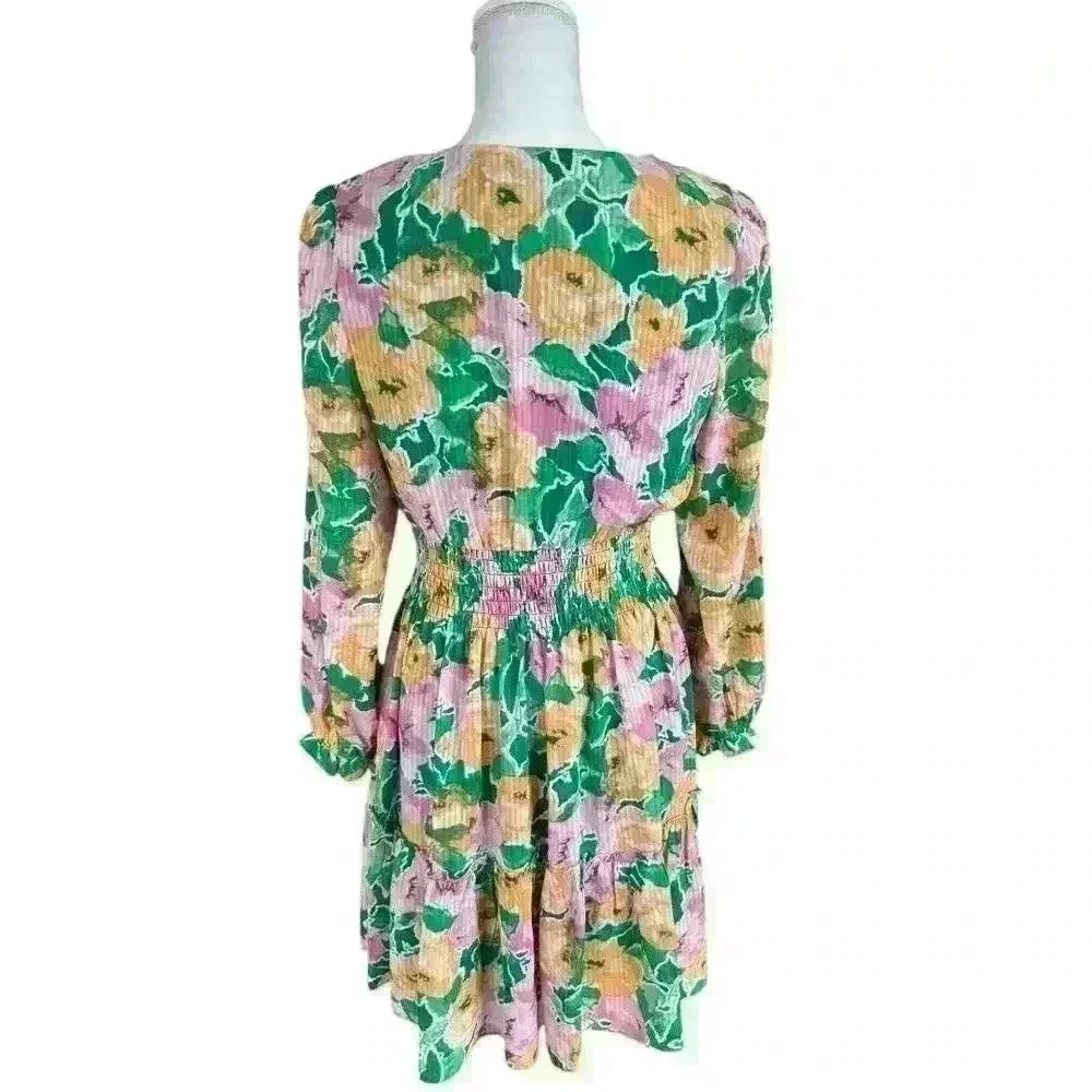 TAYLOR Long Sleeve Green, Pink and Yellow Floral Dress with Tie  - Size 8 - Picture 3 of 3